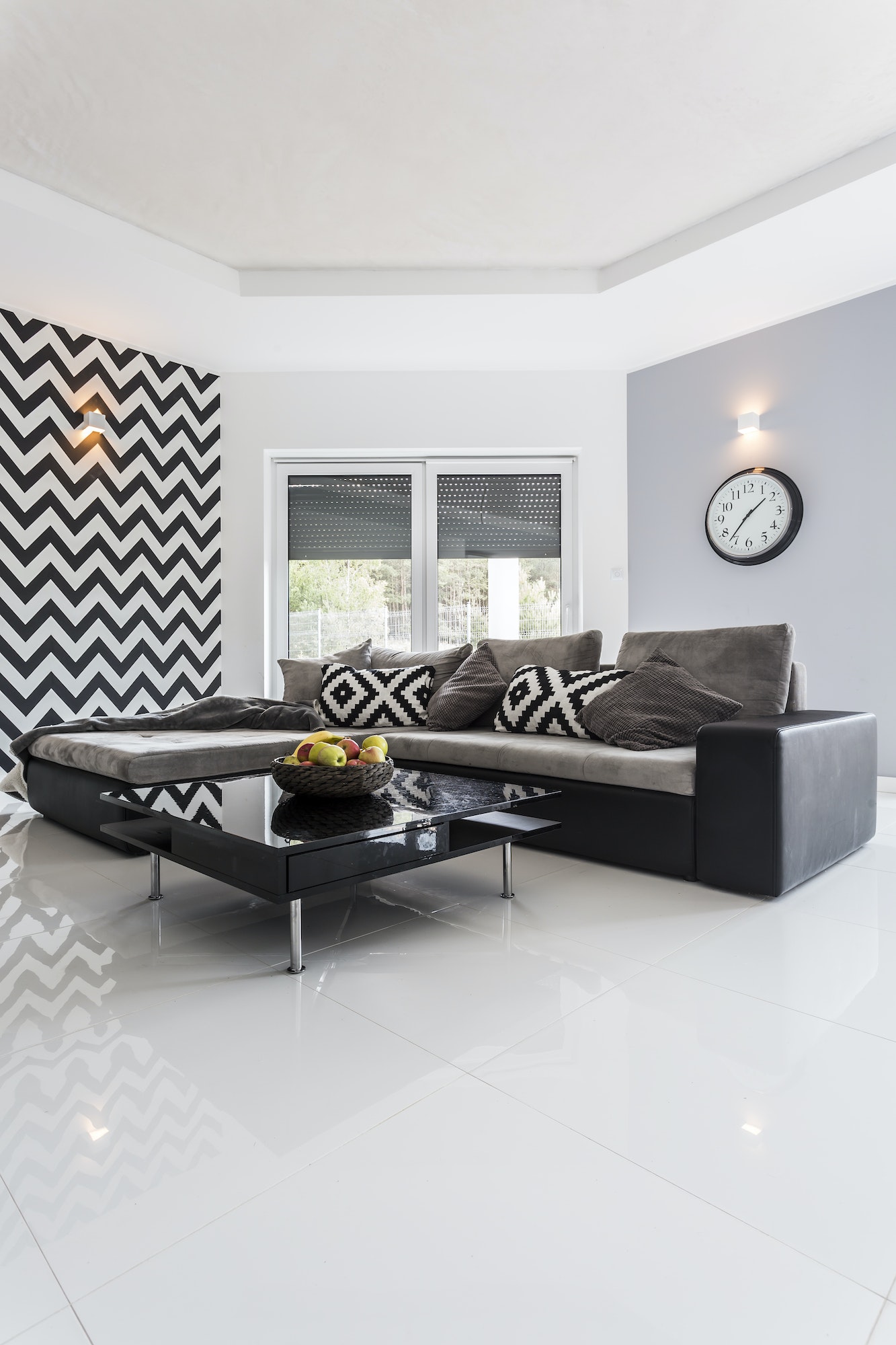 Modern room with high-polished white tiled floor